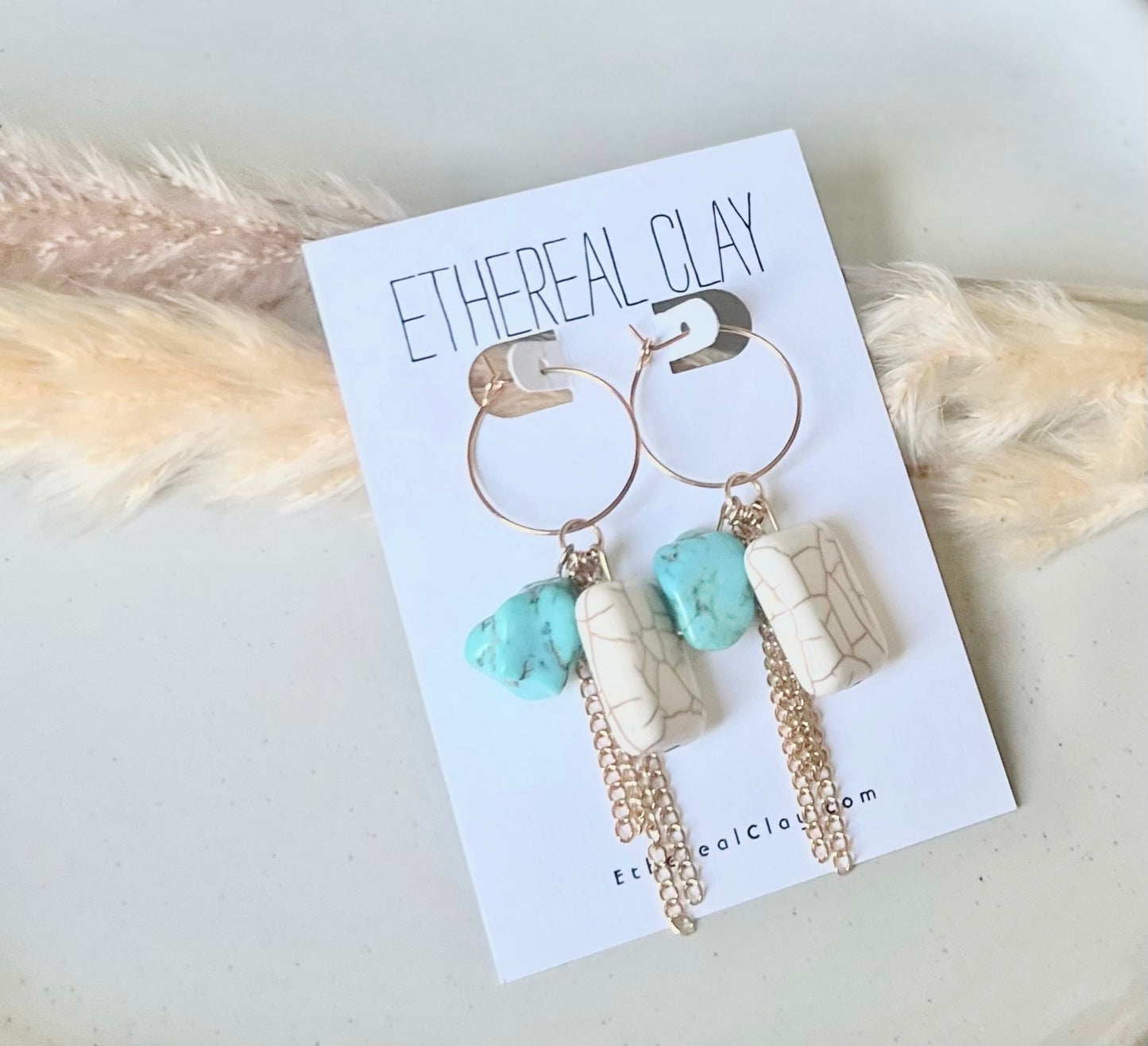Turquoise Stone Chain Hoops