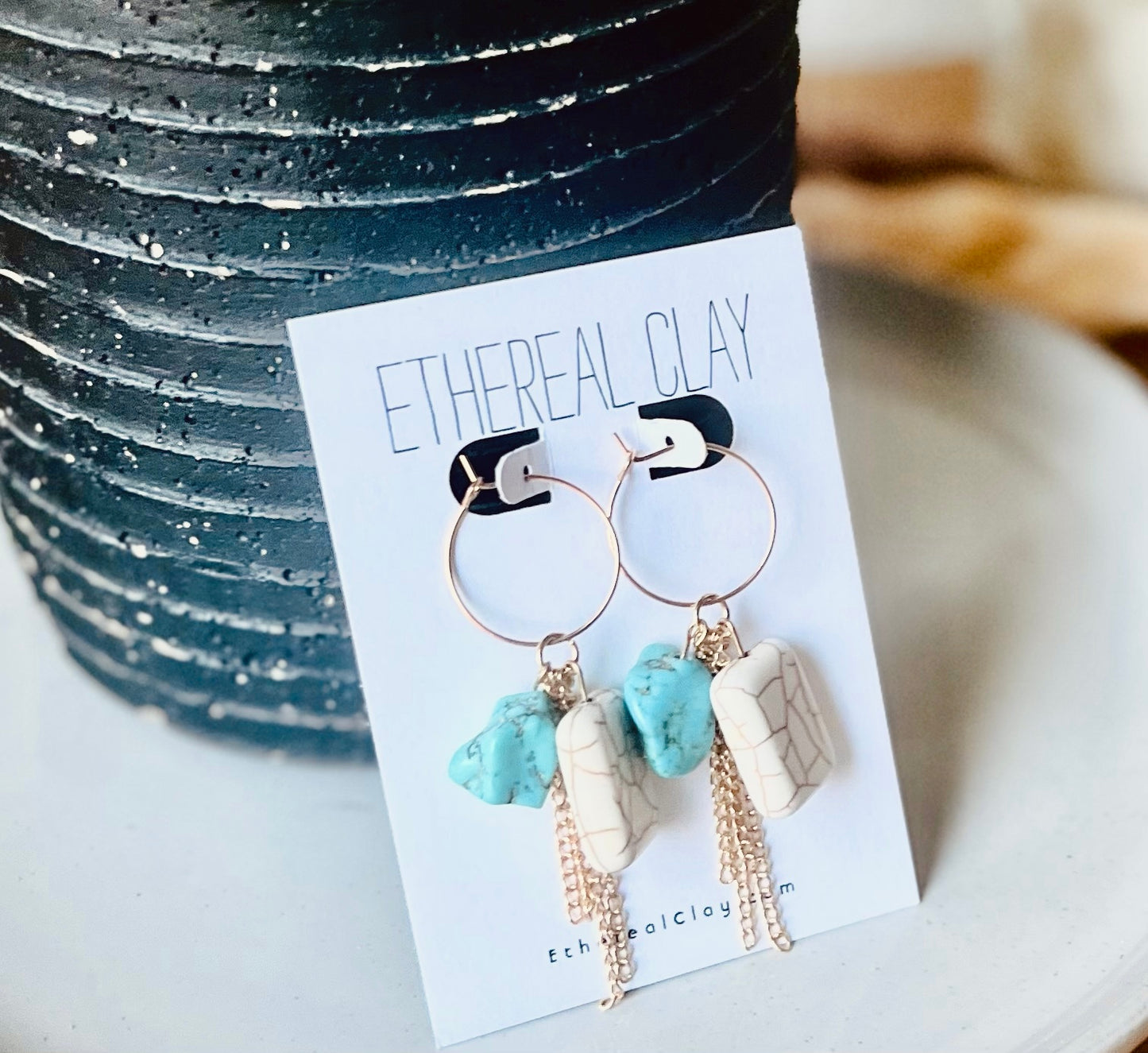 Turquoise Stone Chain Hoops