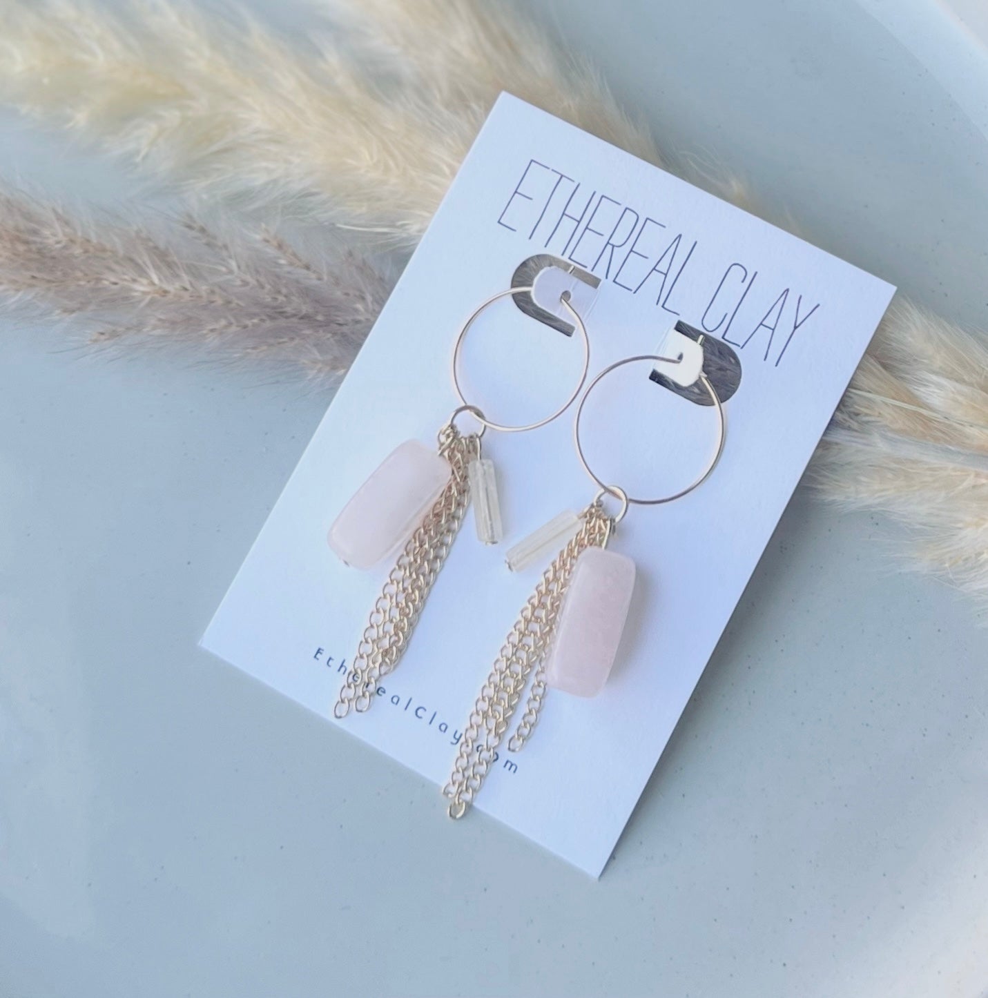 Rose Quartz Chain Hoops