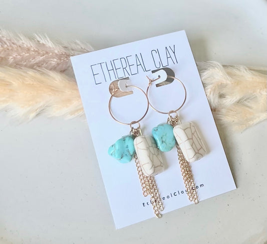 Turquoise Stone Chain Hoops