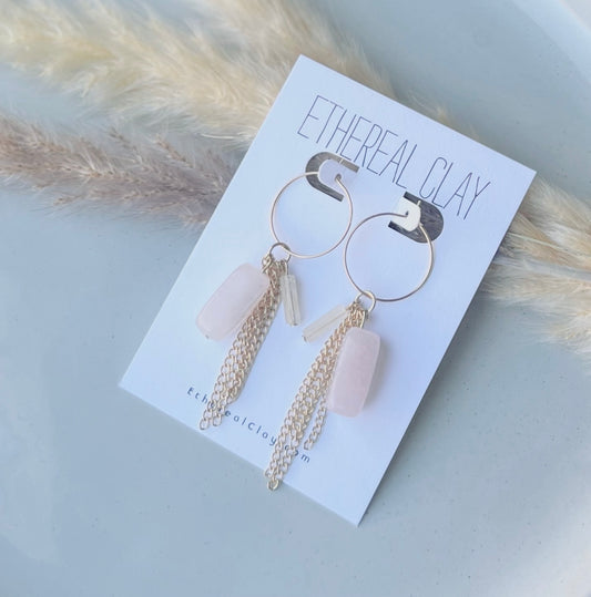 Rose Quartz Chain Hoops